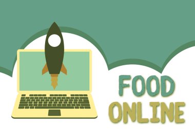 Food Online'ı gösteren kavramsal el yazısı. İş fotoğraf metin telefon uygulaması veya web sitesi kullanarak yemek için bir şey isteyen roket kadar laptop Startup Geliştirme hedef hedefi.