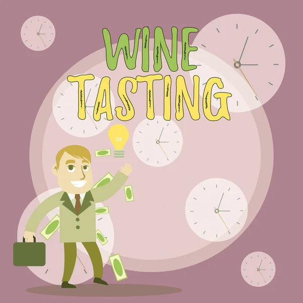 Writing note showing Wine Tasting. Business photo showcasing Degustation Alcohol Social gathering Gourmet Winery Drinking Successful Businessman Generating Idea or Finding Solution. — 스톡 사진