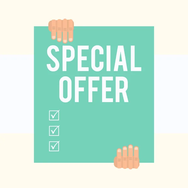 Writing note showing Special Offer. Business photo showcasing Discounted price Markdown Promotional Items Crazy Sale Two hands holding big blank rectangle up down Geometrical background.