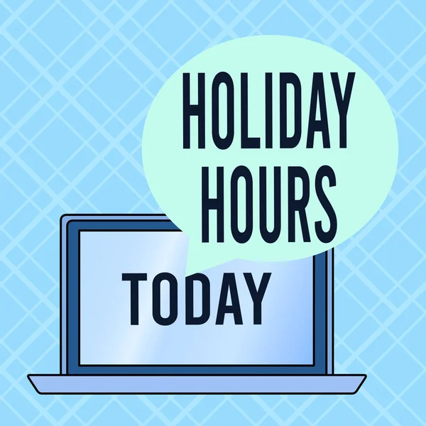 Conceptual hand writing showing Holiday Hours. Business photo text employee receives twice their normal pay for all hours Round Shape Speech Bubble Floating Over Laptop Backdrop. — Stock Photo, Image