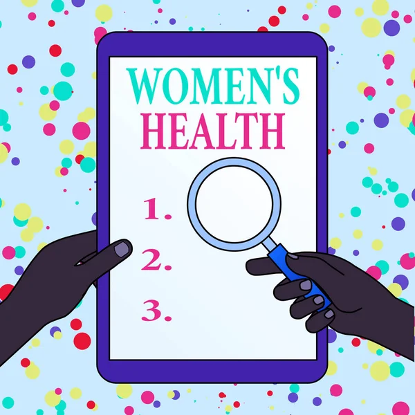 Writing note showing Women S Health. Business photo showcasing Women s is physical health consequence avoiding illness Hands Holding Magnifying Glass Against Switched Off Touch Screen Tablet. — Stock Photo, Image