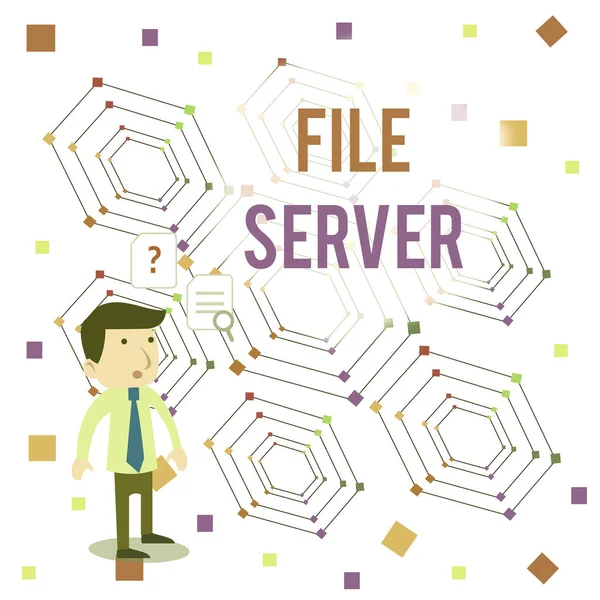 Word writing text File Server. Business concept for device which controls access to separately stored data Young Male Businessman Office Worker Standing Searching Problem Solution.