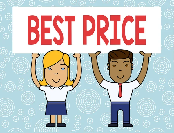 Word writing text Best Price. Business concept for Buyer or seller can obtain something for a product sold or buy Two Smiling People Holding Big Blank Poster Board Overhead with Both Hands.