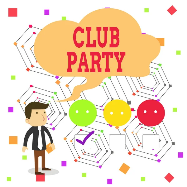 Texte manuscrit Club Party. Concept signifiant rassemblement social dans un endroit qui est informel et peut prendre des boissons Blanc Homme Questionnaire Sondage Choix Liste de vérification Satisfaction Green Tick . — Photo