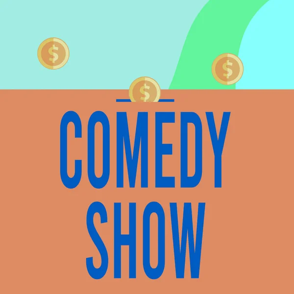 Text sign showing Comedy Show. Conceptual photo Funny program Humorous Amusing medium of Entertainment Three gold spherical coins value thousand dollars one bounce to piggy bank.