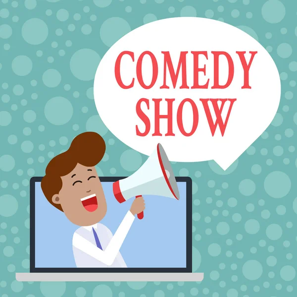 Handwriting text Comedy Show. Concept meaning Funny program Humorous Amusing medium of Entertainment Man Speaking Through Laptop into Loudhailer Blank Speech Bubble Announce.