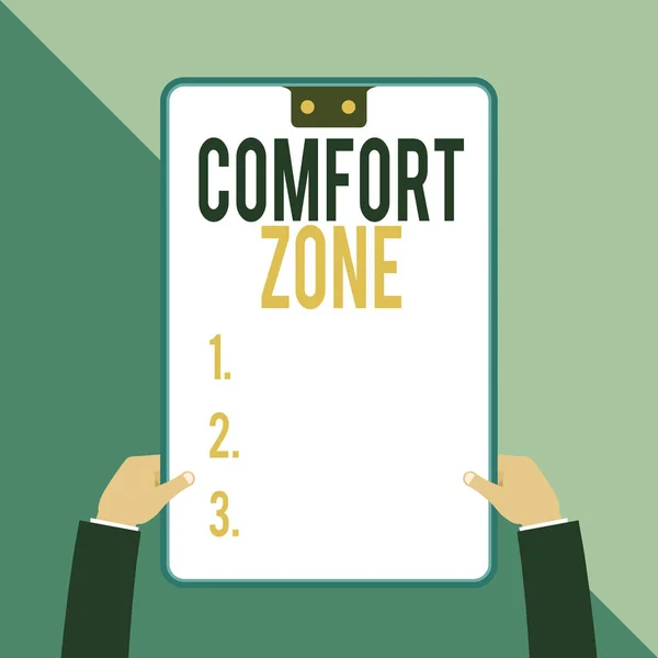 Word writing text Comfort Zone. Business concept for A situation where one feels safe or at ease have Control Two executive male hands holding electronic device geometrical background.