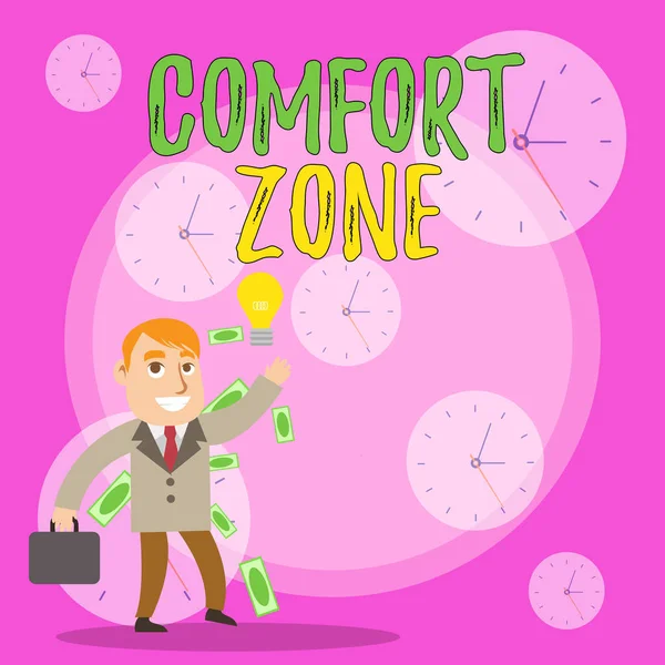 Schrijf notitie met de comfort zone. Zakelijke foto presenteert een situatie waarin men zich veilig voelt of op zijn gemak hebben controle succesvolle zakenman genereren idee of het vinden van oplossing. — Stockfoto