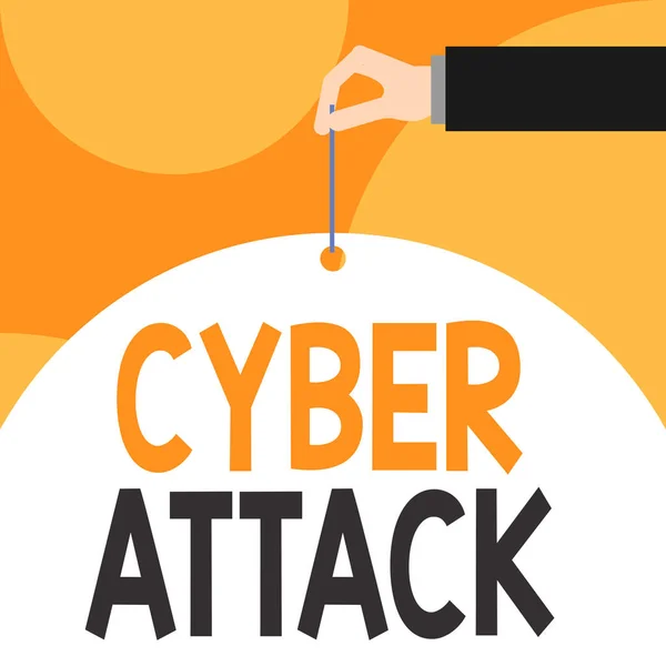 Text sign showing Cyber Attack. Conceptual photo An attempt by hackers to Damage Destroy a Computer System Male hand arm needle punching big half blank balloon geometrical background. — Stock Photo, Image