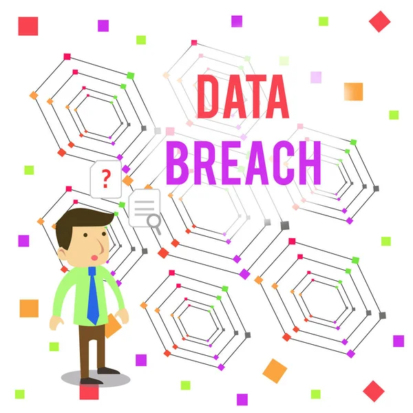 Word writing text Data Breach. Business concept for security incident where sensitive protected information copied Young Male Businessman Office Worker Standing Searching Problem Solution.