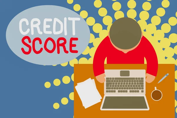 Parola di scrittura del testo Credit Score. Business concept for Rappresentare il merito creditizio di un singolo rating Prestatori Vista superiore giovane seduto tavolo di lavoro laptop documenti tazza di caffè penna . — Foto Stock