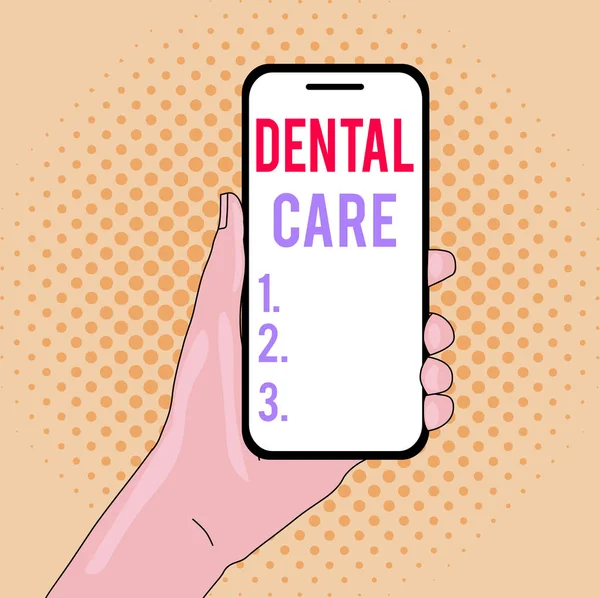 Writing note showing Dental Care. Business photo showcasing maintenance of healthy teeth or to keep it clean for future Closeup of Smartphone Device Held in Hand and Text Space. — Stock Photo, Image