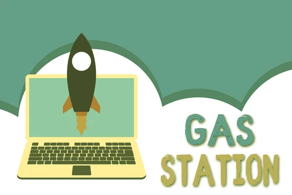 Escrita à mão conceitual mostrando posto de gasolina. Texto de foto de negócios para manutenção de veículos a motor, especialmente com gasolina e óleo Lançamento de foguete para laptop Startup Desenvolvendo objetivo objetivo . — Fotografia de Stock