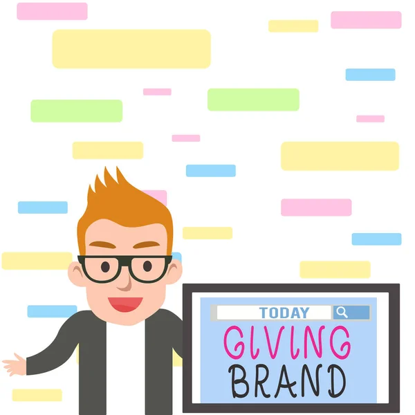 Writing note showing Giving Brand. Business photo showcasing The process of giving a Name to a company products or services Male Speaker Monitor with Search Tool on Screen Presentation or Report.