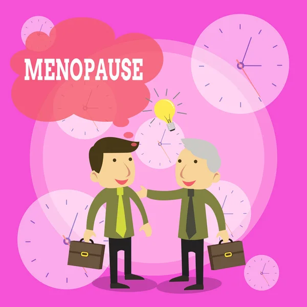 Conceptual hand writing showing Menopause. Business photo text Period of peranalysisent cessation or end of menstruation cycle Businessmen Colleagues with Brief Case Sharing Idea Solution. — Stockfoto