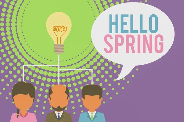 Word writing text Hello Spring. Business concept for Welcoming the season after the winter Blossoming of flowers Group three executive persons sharing idea icon. Startup team meeting. — Stock Photo, Image