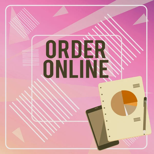 Conceptual hand writing showing Order Online. Business photo text Buying goods and services from the sellers over the internet Layout Smartphone Off Ballpoint Notepad Business Pie Chart.