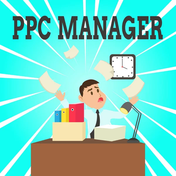 Tekst teken dat PPC manager weergeeft. Conceptuele foto die adverteerders betalen telkens wanneer een van hun advertenties wordt geklikt verward mannelijke medewerker manager rommelige werkruimte overloop tijd tekort. — Stockfoto