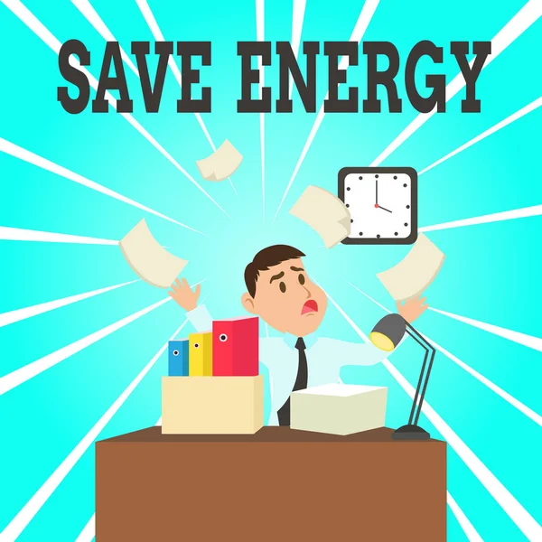 Signo de texto que muestra Save Energy. Foto conceptual que disminuye la cantidad de energía utilizada logrando un resultado similar Gerente de Empleados Masculinos Confundidos Desbordamiento de Espacio de Trabajo Desbordamiento de Tiempo Escasez . —  Fotos de Stock