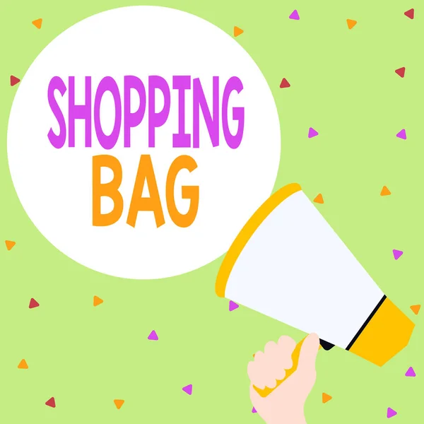 Handwriting text writing Shopping Bag. Concept meaning Containers for carrying demonstratingal possessions or purchases Hand Holding Loudhailer Empty Round Speech Text Balloon Announcement New. — Stock Photo, Image