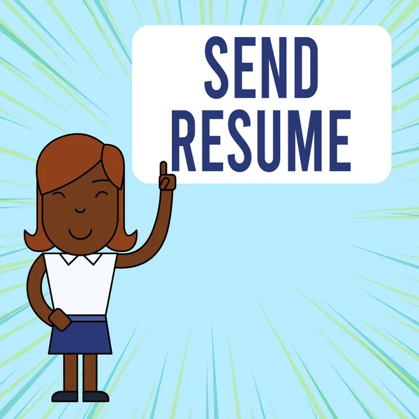 Text sign showing Send Resume. Conceptual photo brief account demonstratings education qualifications and occupations Woman Standing with Raised Left Index Finger Pointing at Blank Text Box.