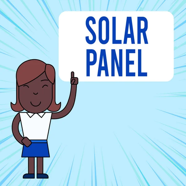 Signo de texto que muestra Panel Solar. Foto conceptual diseñada para absorber la fuente de energía de los rayos solares Mujer de pie con el índice izquierdo elevado Señalando el cuadro de texto en blanco . —  Fotos de Stock