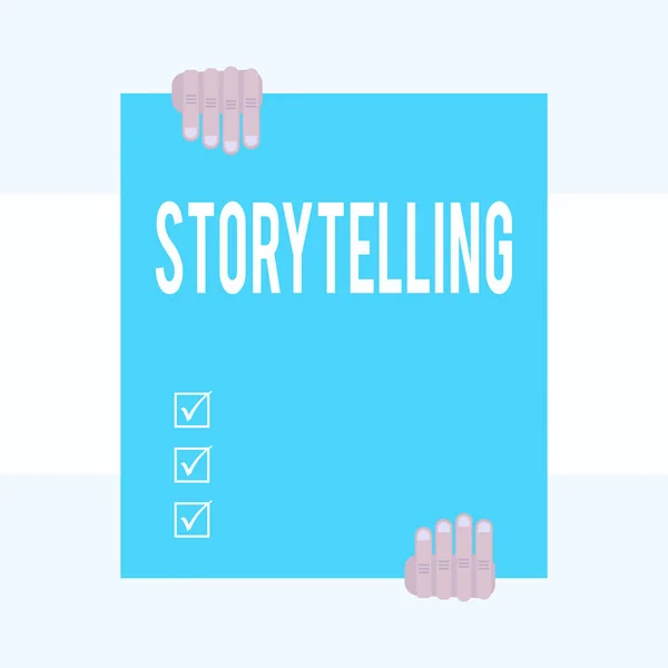 Writing note showing Storytelling. Business photo showcasing social and cultural Activity with Theatrical Gestures Two hands holding big blank rectangle up down Geometrical background.