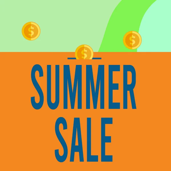 Text sign showing Summer Sale. Conceptual photo Annual discount events that takes place during summer season Three gold spherical coins value thousand dollars one bounce to piggy bank. — Stock Photo, Image