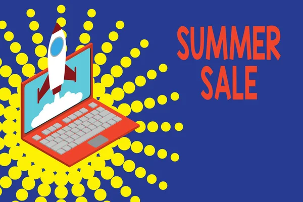Conceptual hand writing showing Summer Sale. Business photo showcasing Annual discount events that takes place during summer season Rocket launching clouds laptop Startup project growing SEO. — Stock Photo, Image