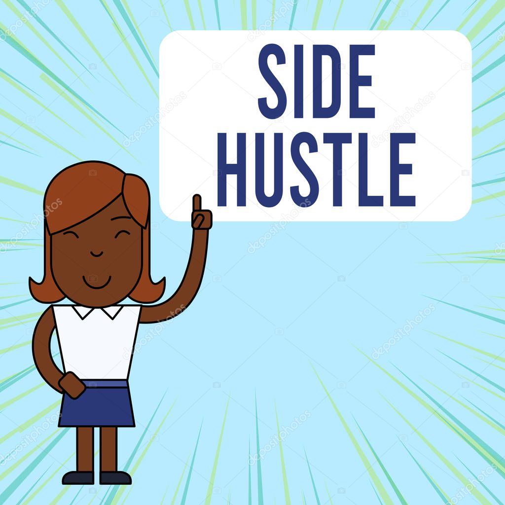 Text sign showing Side Hustle. Conceptual photo way make some extra cash that allows you flexibility to pursue Woman Standing with Raised Left Index Finger Pointing at Blank Text Box.