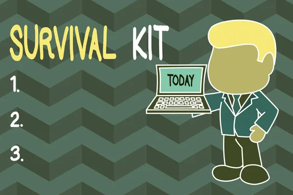 Texte Word Survival Kit. Concept d'entreprise pour les équipements d'urgence Collection d'articles pour aider quelqu'un Homme d'affaires professionnel debout tenant un ordinateur portable ouvert côté droit . — Photo