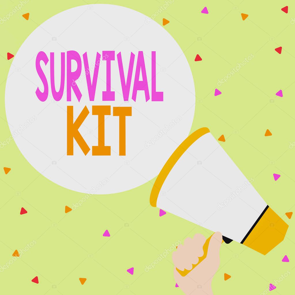 Handwriting text writing Survival Kit. Concept meaning Emergency Equipment Collection of items to help someone Hand Holding Loudhailer Empty Round Speech Text Balloon Announcement New.