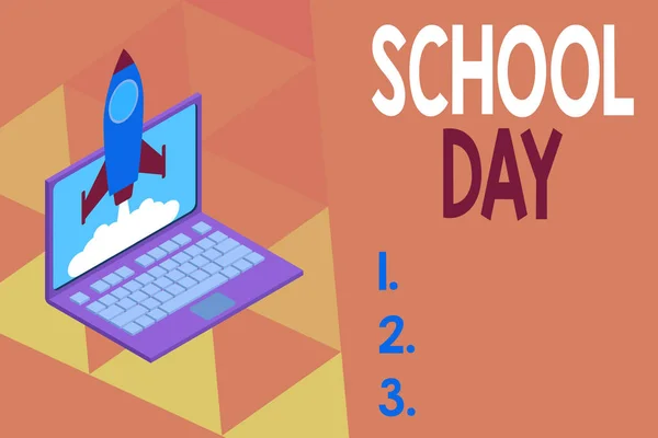 Writing note showing School Day. Business photo showcasing starts from seven or eight am to three pm get taught there Rocket launching clouds laptop background. Startup project growing. SEO.