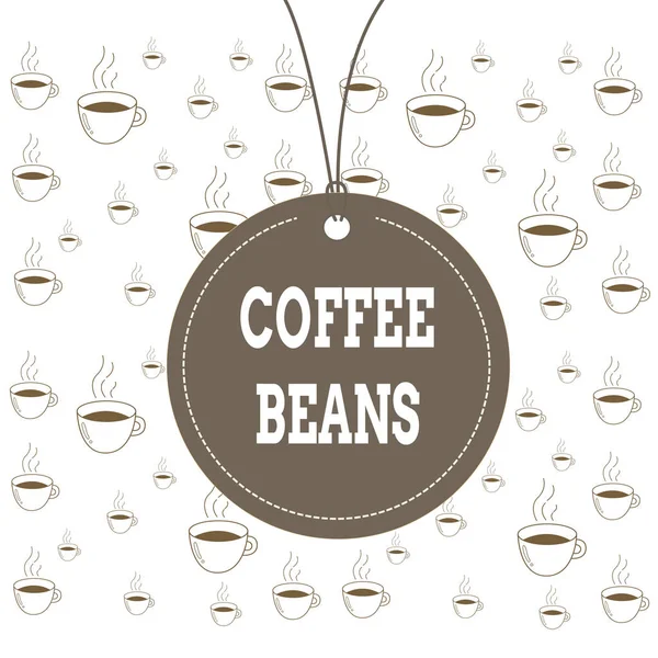 Writing note showing Coffee Beans. Business photo showcasing pit inside the red or purple fruit often referred as a cherry Label string round empty tag colorful background small shape.