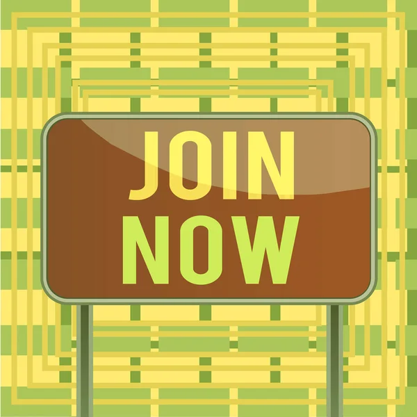 Text sign showing Join Now. Conceptual photo An invite to a demonstrating or a friend to become a member of the group Board ground metallic pole empty panel plank colorful backgound attached.