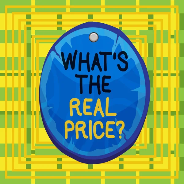 Text sign showing What S The Real Price Question. Conceptual photo Give actual value of property or business Oval plank rounded pinned wooden board circle shaped wood nailed background. — Stock Photo, Image