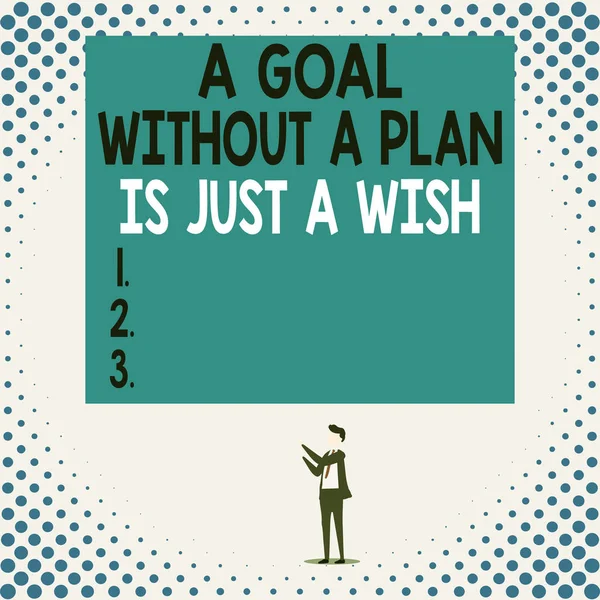 Handwriting text A Goal Without A Plan Is Just A Wish. Concept meaning Make strategies to reach objectives Isolated view young man standing pointing upwards two hands big rectangle. — Stock Photo, Image