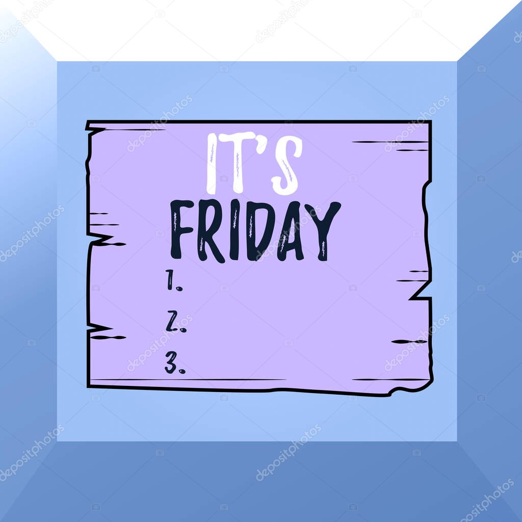 Conceptual hand writing showing It S Friday. Business photo showcasing Last day of the working week Before Saturday or weekends Wooden plank slots grooves wood panel colored board lumber.