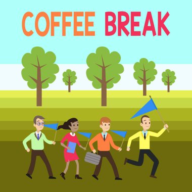 Kelime yazma metin Kahve Break. Bir fincan kahve içmek için çalışmayı bıraktığınızda iş konsepti İnsanlar Crowd Flags Pennants Lider Koşu Gösteri Toplantısı başkanlığında.