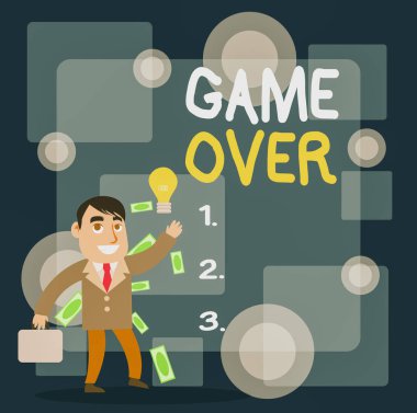 Game Over'ı gösteren not yazma. Finallere ulaşan veya Başarılı İşadamı Üreten Fikir veya Çözüm Bulma sona eren belirli bir sporda bir durum vitrine İş fotoğraf.