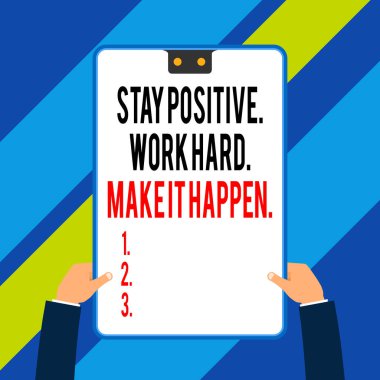Kelime yazma metin Stay Pozitif İş Hard Make It Happen. İlham Motivasyon Tutum için İş kavramı Elektronik cihaz geometrik arka plan tutan iki yönetici erkek eller.