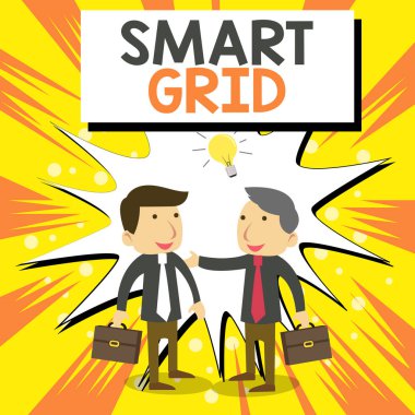 Smart Grid gösteren kavramsal el yazısı. İş fotoğraf vitrin kısa vaka paylaşım fikri çözüm ile metre İşadamları Meslektaşları da dahil olmak üzere operasyonel ve enerji önlemleri içerir.