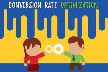 Dönüşüm Oranı Optimizasyonu yazma el yazısı metin. Ziyaretçilerin artan yüzdesi için kavram anlamı sistemi Ayakta genç çift paylaşım dişli. Erkek kravat kadın etek ticaret ilişkisi.