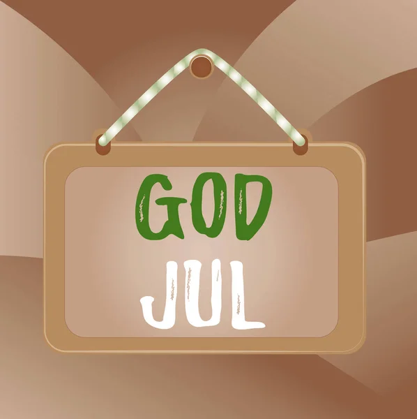 Handwriting text God Jul. Concept meaning Merry Christmas Greeting showing for new year happy holidays Board fixed nail frame string striped colored background rectangle panel.