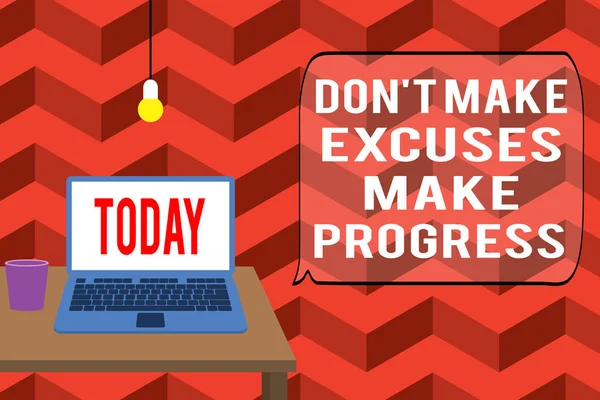 Escrever uma nota mostrando Don T Make Excuses Make Progress. Exibição de fotos de negócios Continue se movendo pare de culpar os outros Vista frontal laptop aberto deitado em madeira lâmpada de mesa caindo vidro . — Fotografia de Stock