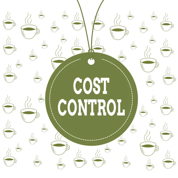 Writing note showing Cost Control. Business photo showcasing practice of identifying and reducing business expenses Label string round empty tag colorful background small shape.