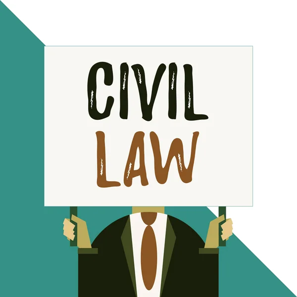 Conceptual hand writing showing Civil Law. Business photo showcasing Law concerned with private relations between members of community Man chest dressed dark suit tie face holding big rectangle.