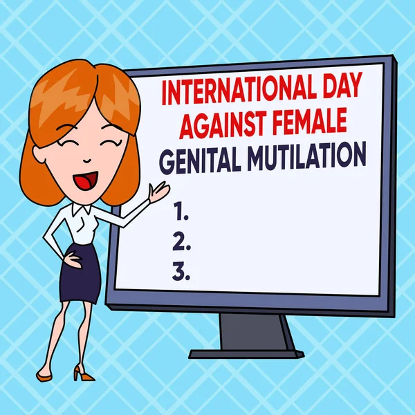 Signo de texto que muestra el Día Internacional contra. Foto conceptual Día Internacional contra la Mutilación Genital Femenina Blanca Femenina de pie señalando la presentación de la pizarra blanca de la pantalla . — Foto de Stock