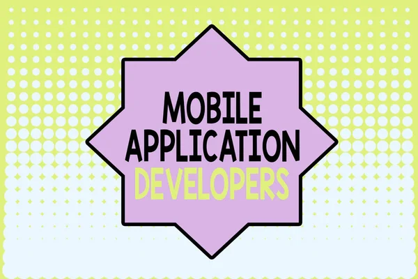 Writing note showing Mobile Application Developers. Business photo showcasing create software for devices like app store Vanishing dots middle background design. Gradient Pattern. Futuristic.