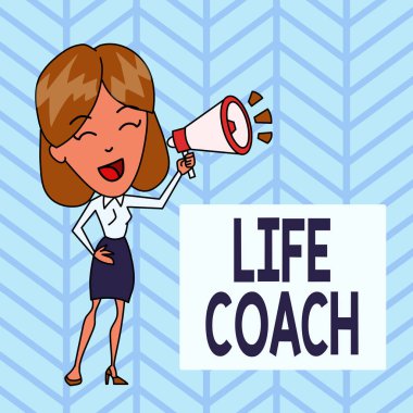Word writing text Life Coach. Business concept for A demonstrating who advices clients how to solve their problems or goals Young Woman Speaking into Blowhorn Volume Icon Colored Backgdrop Text Box. clipart